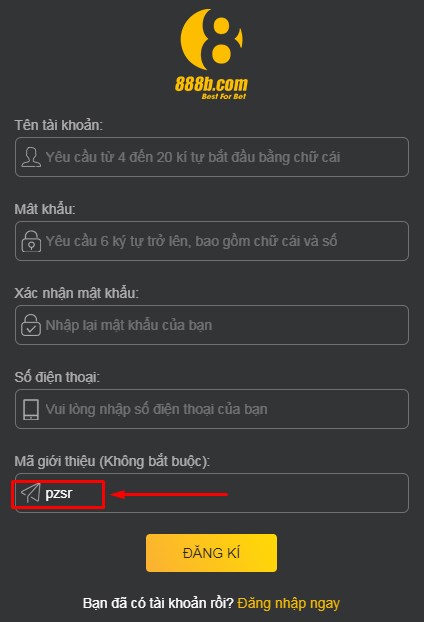 code 888b sẽ tự động điền vào khi bạn đăng ký qua link của 88b.tattoo